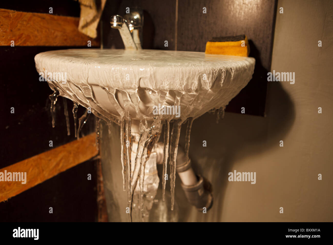 Cold winter and frozen sink in bathroom Stock Photo Alamy