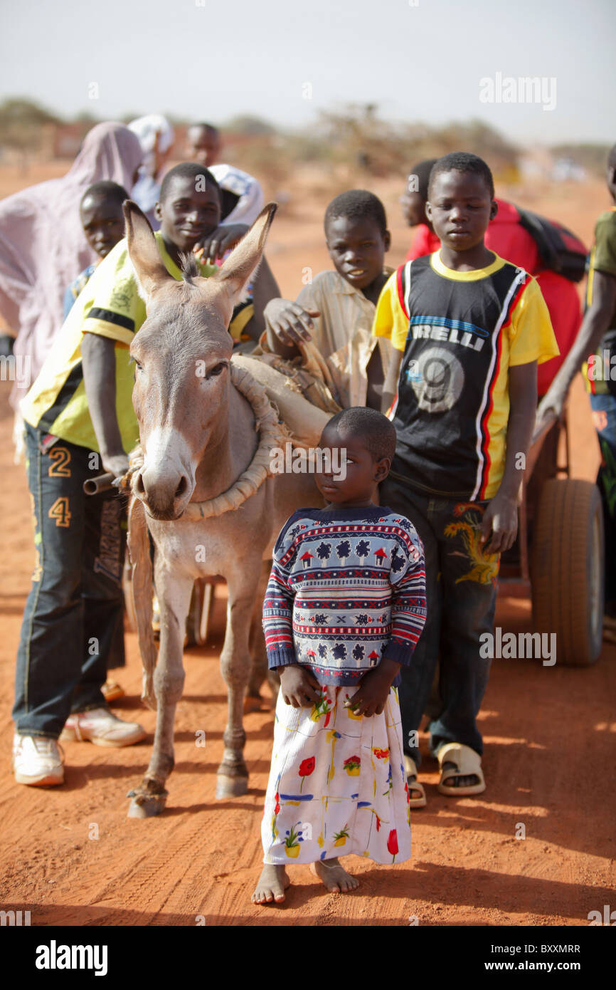In northern Burkina Faso, children travel from their village to the the weekly Wednesday market in Djibo on a donkey cart. Stock Photo