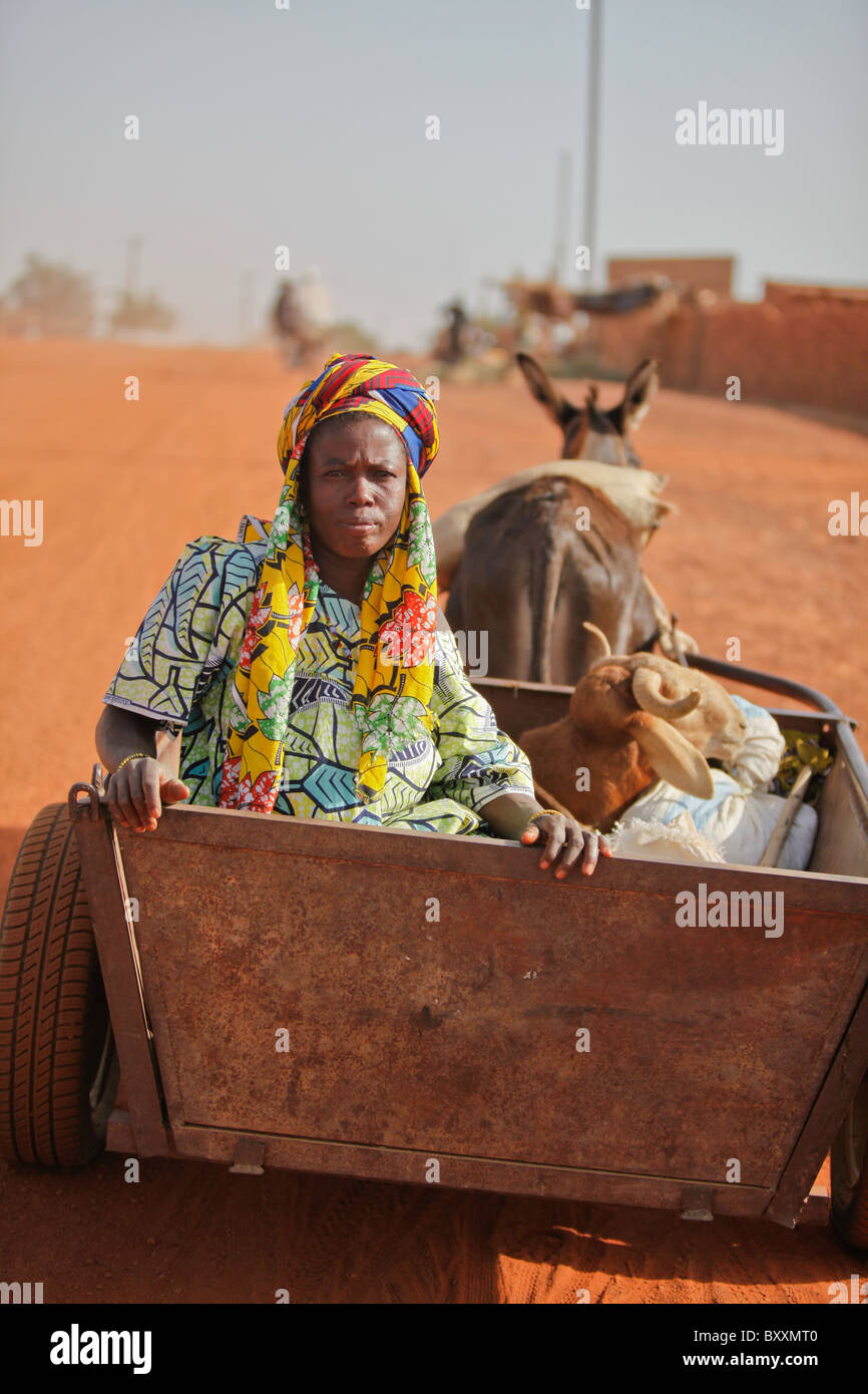 In northern Burkina Faso, a woman travels from her village to the the weekly Wednesday market in Djibo on a donkey cart. Stock Photo