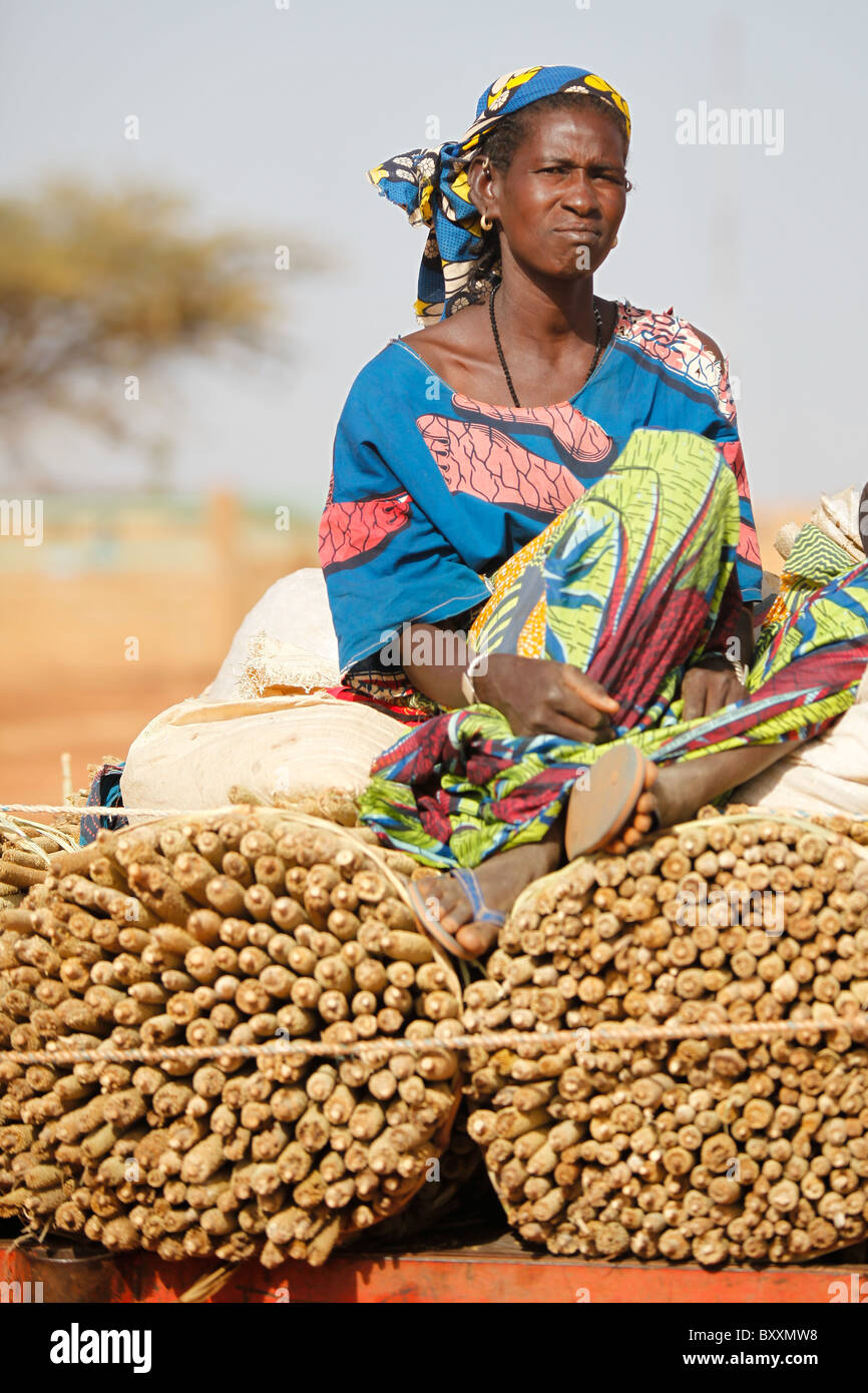 A family brings harvested millet to market by donkey cart in Djibo, Burkina Faso. Stock Photo