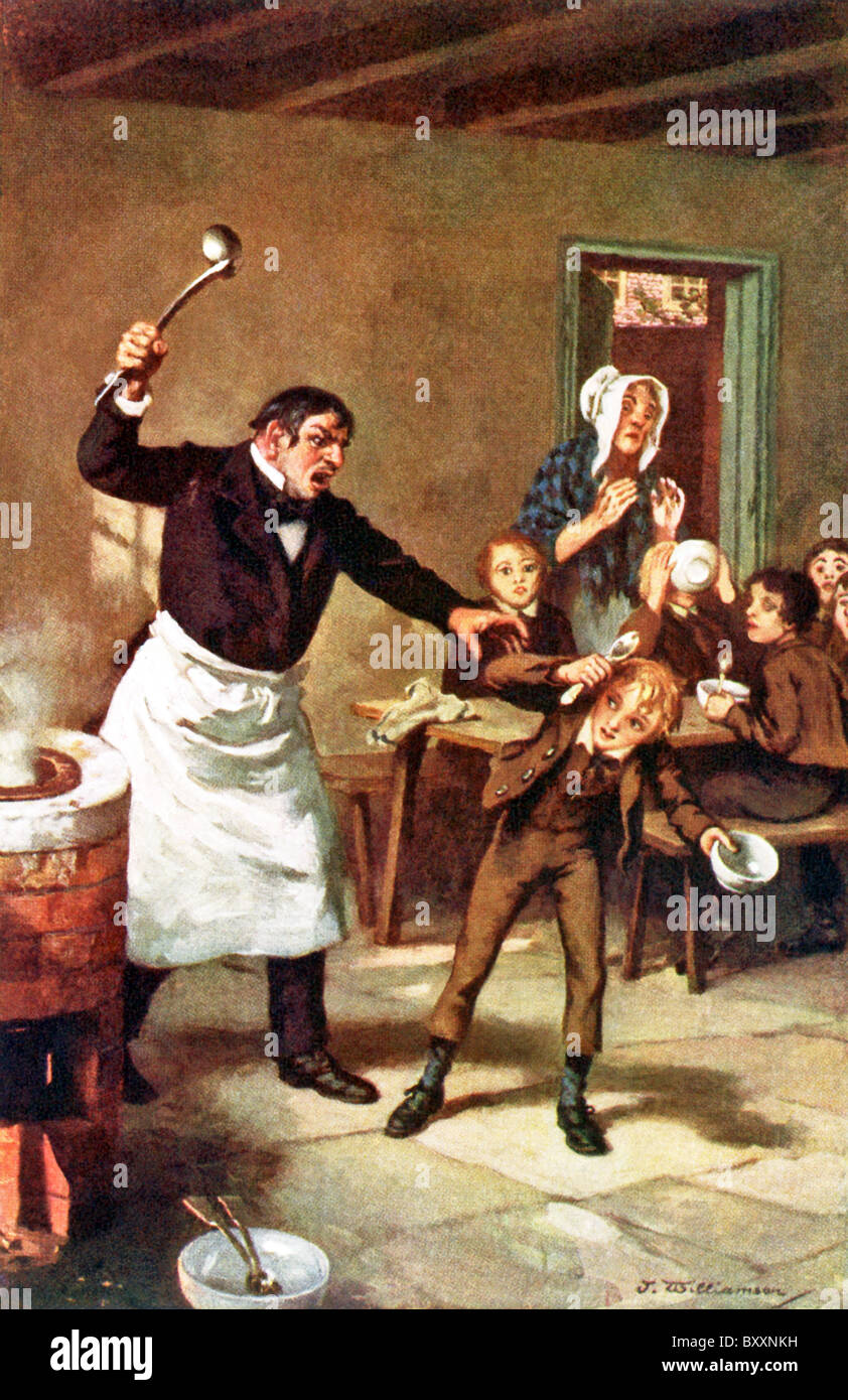 In Dickens' novel "Oliver Twist," Oliver was in a workhouse where the  conditions were dreadful and he asked for more food Stock Photo - Alamy