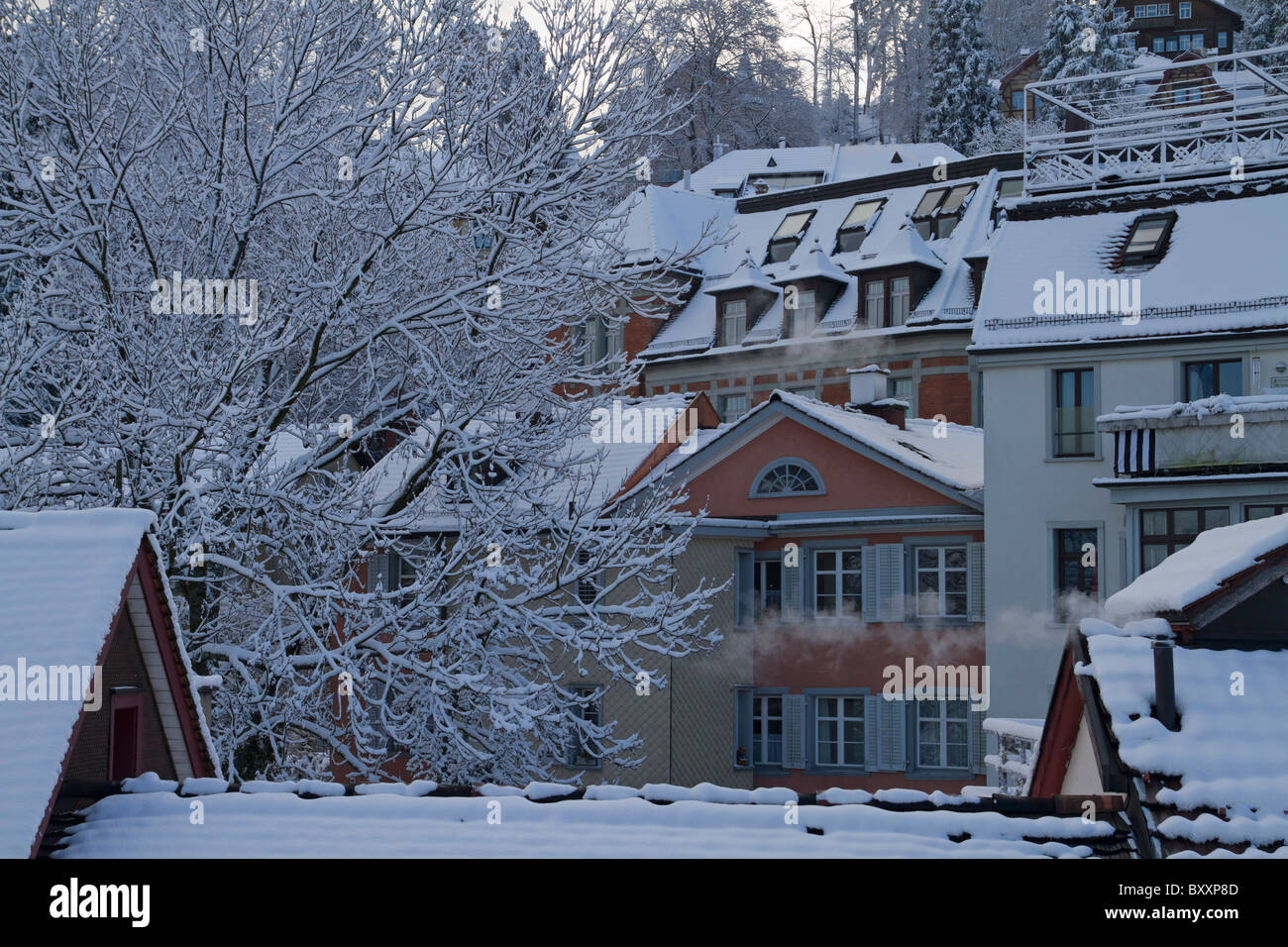 Snow covered roof tops Stock Photo