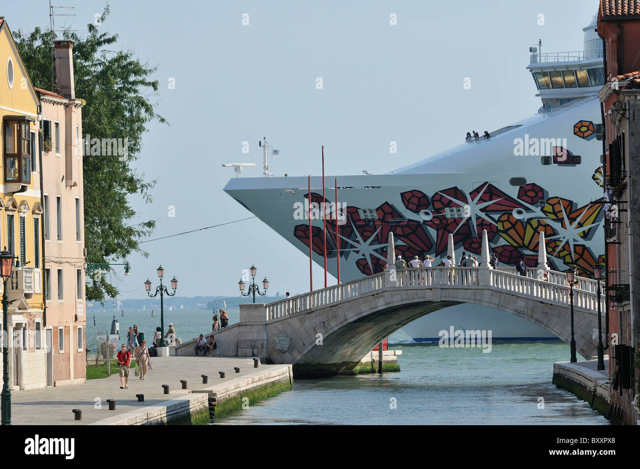 Venice. Italy. A Cruise ship passes through the Canale della Giudecca. Stock Photo