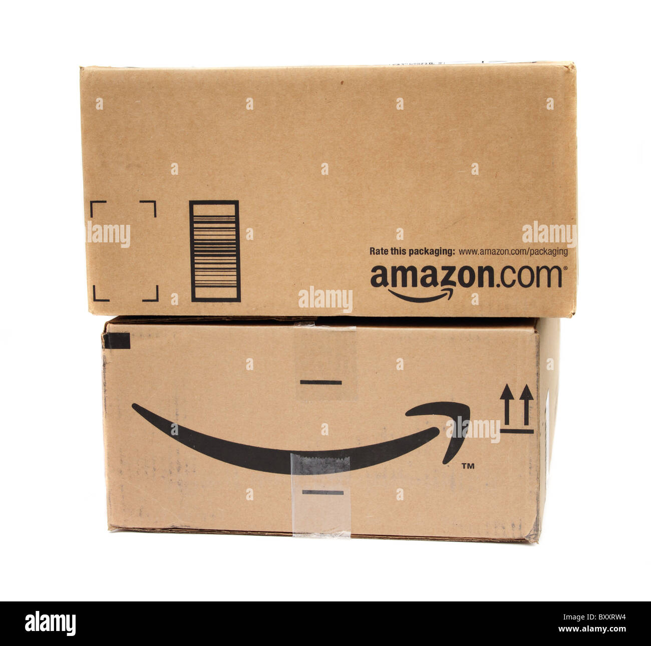 Amazon.com shipping boxes with brand name and smile logo Stock Photo - Alamy