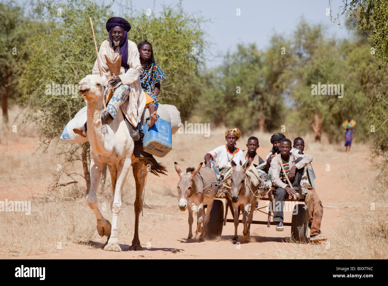 A Tuareg man and his wife come to the village market of Bourro in northern Burkina Faso by camel. Stock Photo