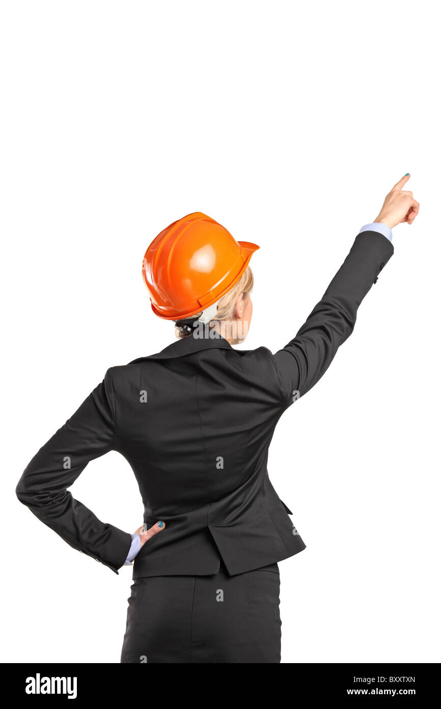 A forewoman in black suit pointing Stock Photo