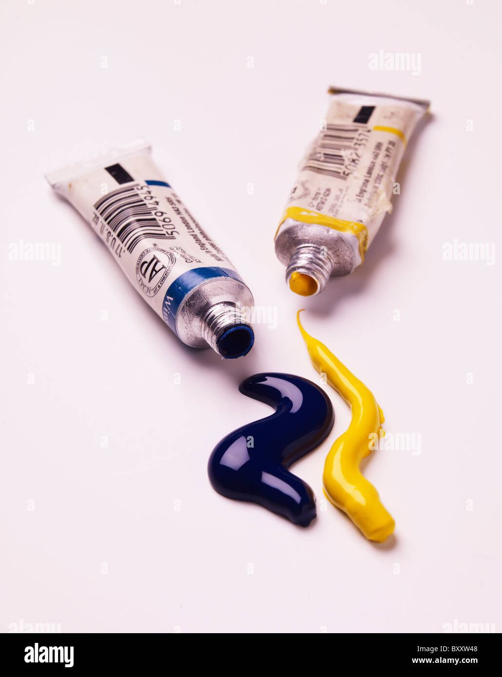 2 two squirts of water colour color paint and tubes Stock Photo
