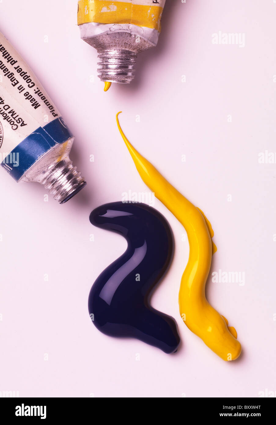 2 two squirts of water colour color paint and tubes Stock Photo