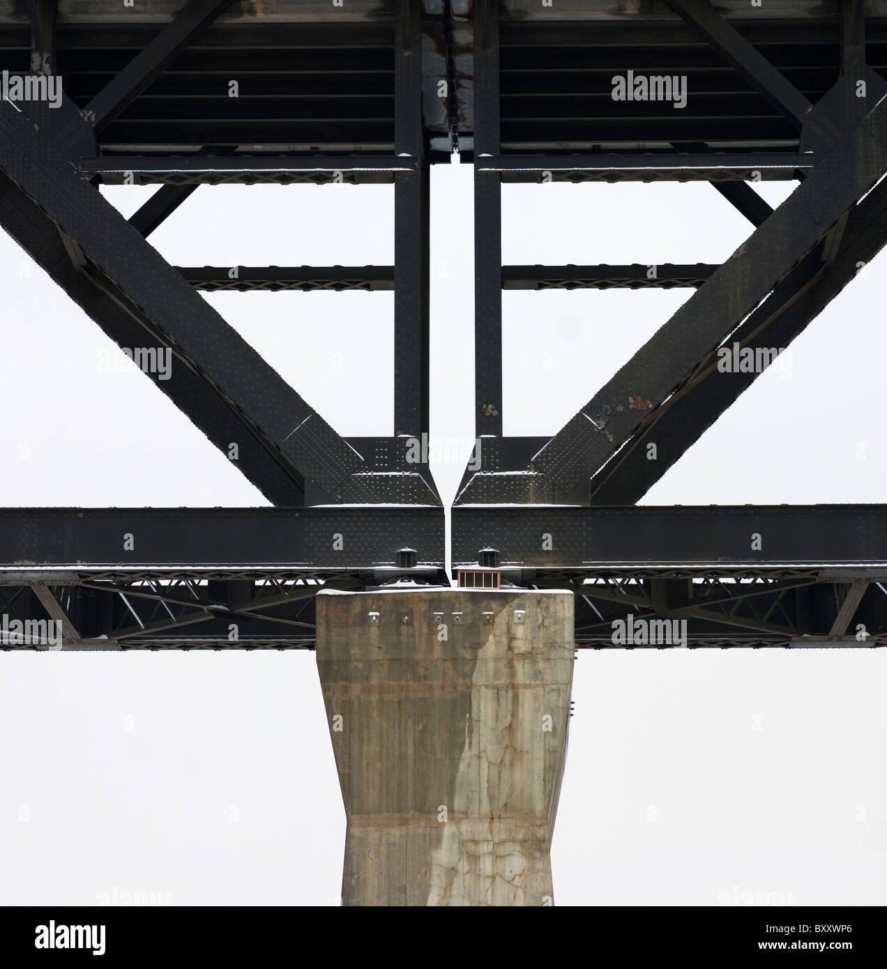 Detail of a steel bridge showing truss and column elements including
