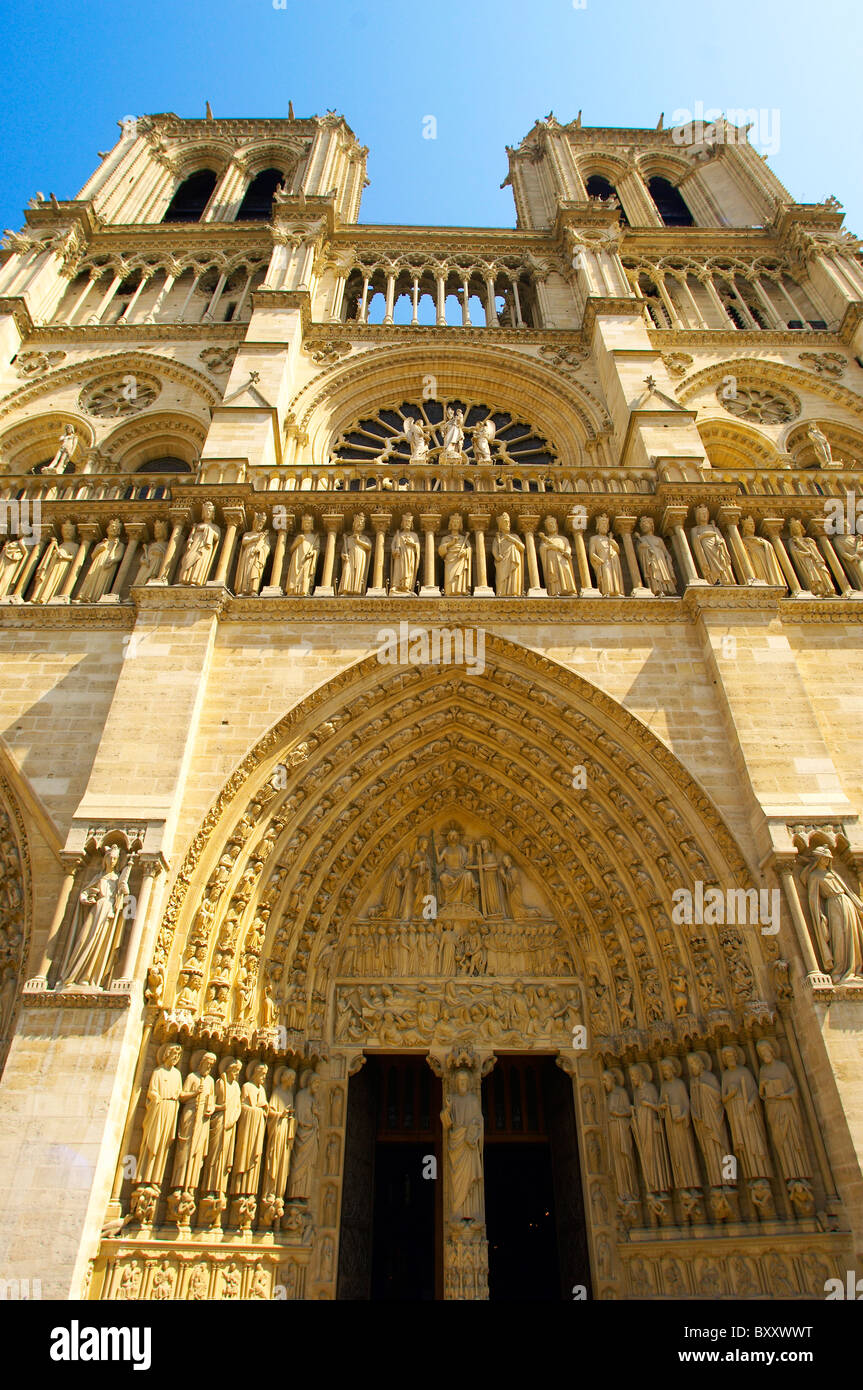 Paris - France - Notre Dame - Front with Sataues and Towers Stock Photo