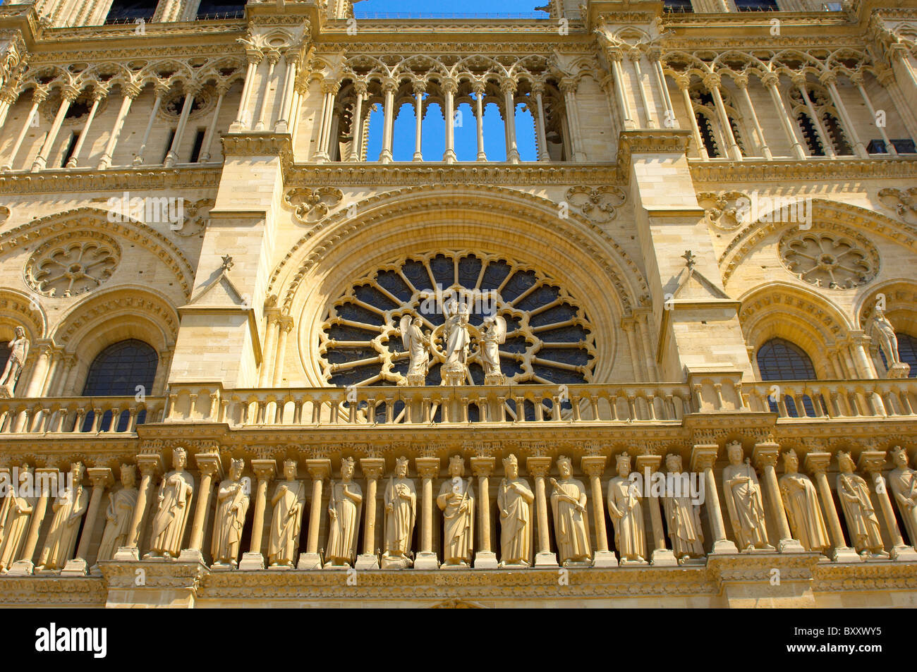 Gothic architecture of the facade of Notre Dame Cathedral, Paris Stock Photo