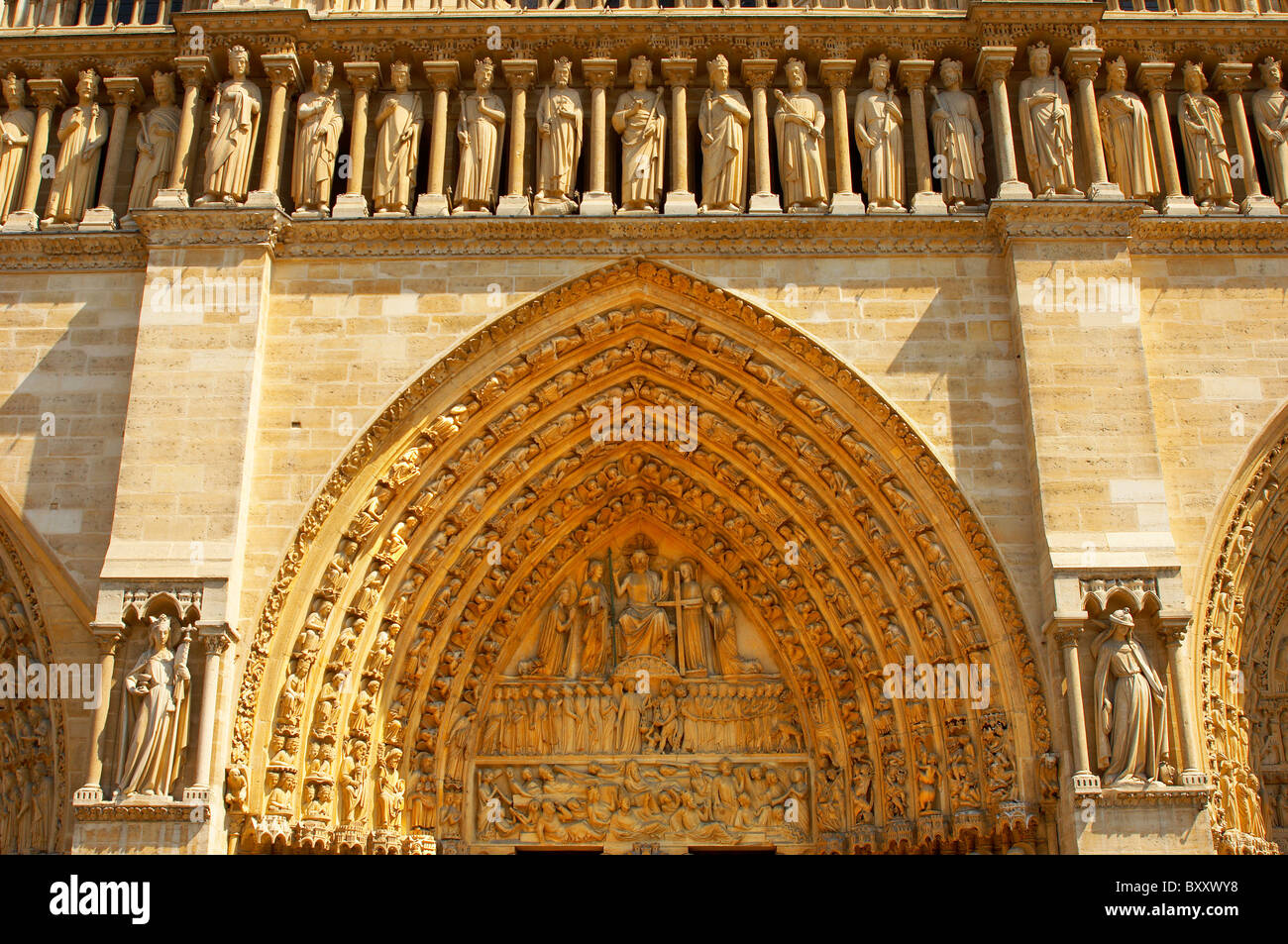 Gothic architecture of the facade of Notre Dame Cathedral, Paris Stock Photo