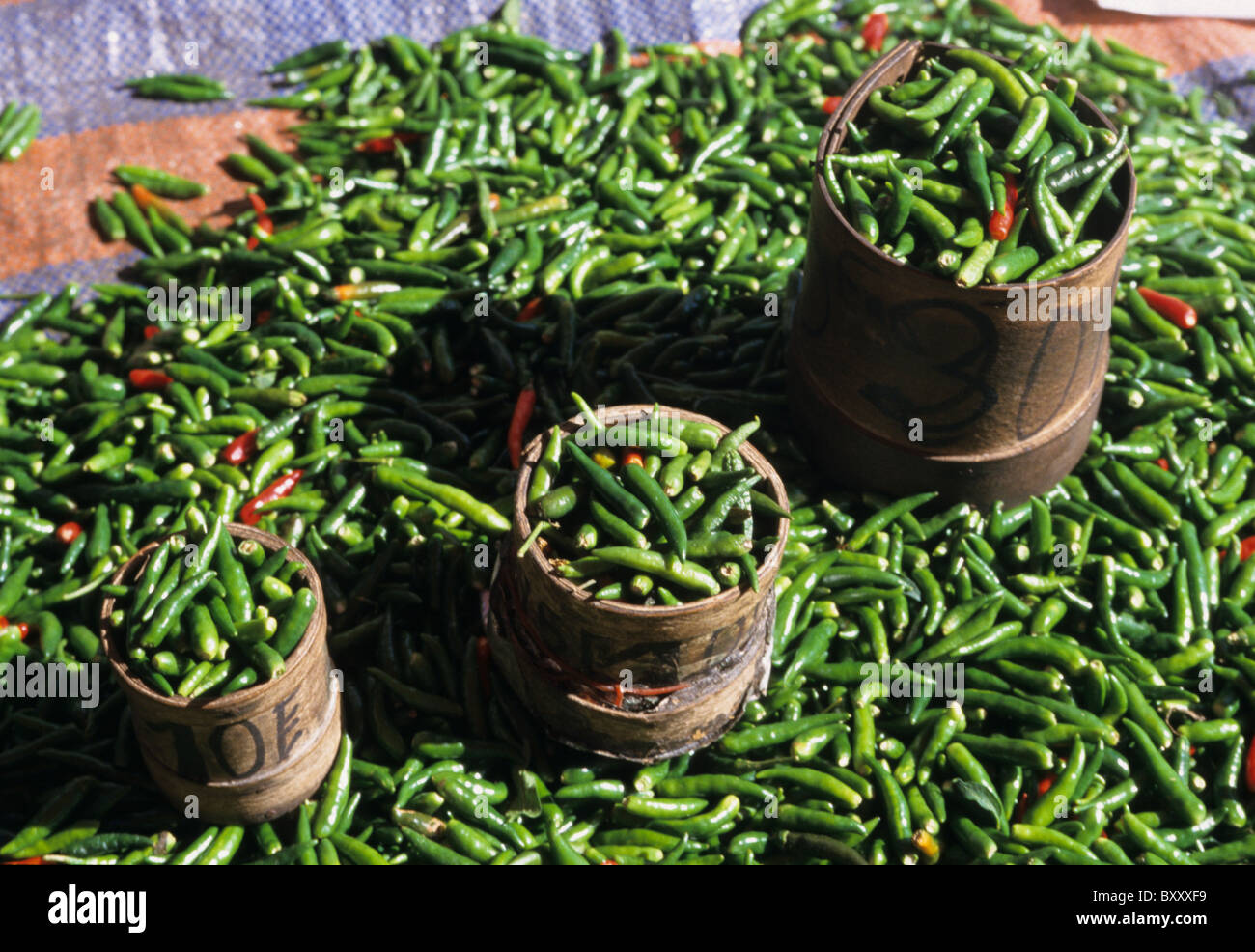 Green chili peppers, Saint Paul market, La Reunion island (France