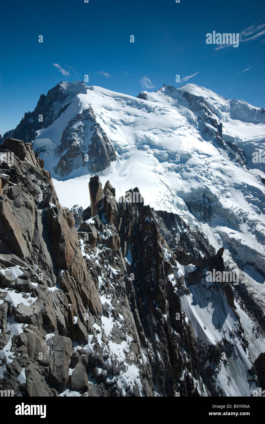 View of Mont Blanc and Mont Maudit from Aiguille du Midi, French Alps. Stock Photo