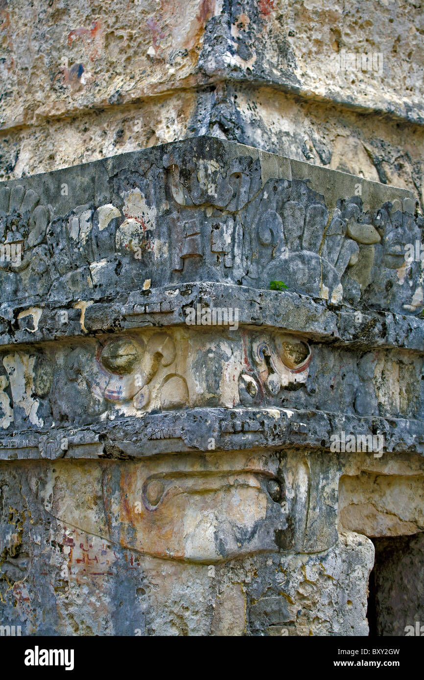 Detail of part of the ancient Mayan ruins at Tulum, stone carvings, carving, symbols, symbolism, Cancun, Quintana Roo, Yucatán Stock Photo