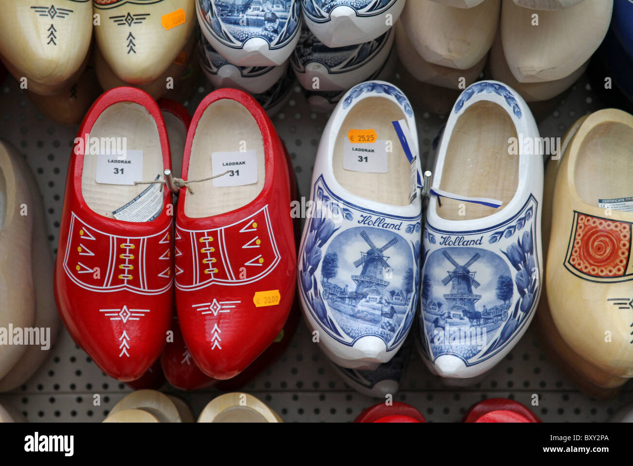 Pairs of Clogs for sale to tourists in Amsterdam, Holland Stock Photo