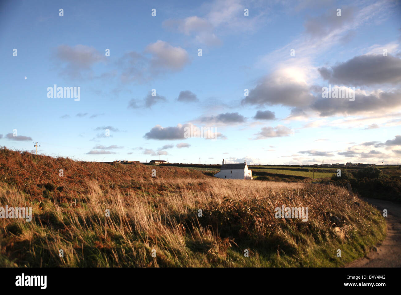 Sunset in a farming area between Nanjulian and Nanquidno in Penwith, Cornwall, England. Stock Photo