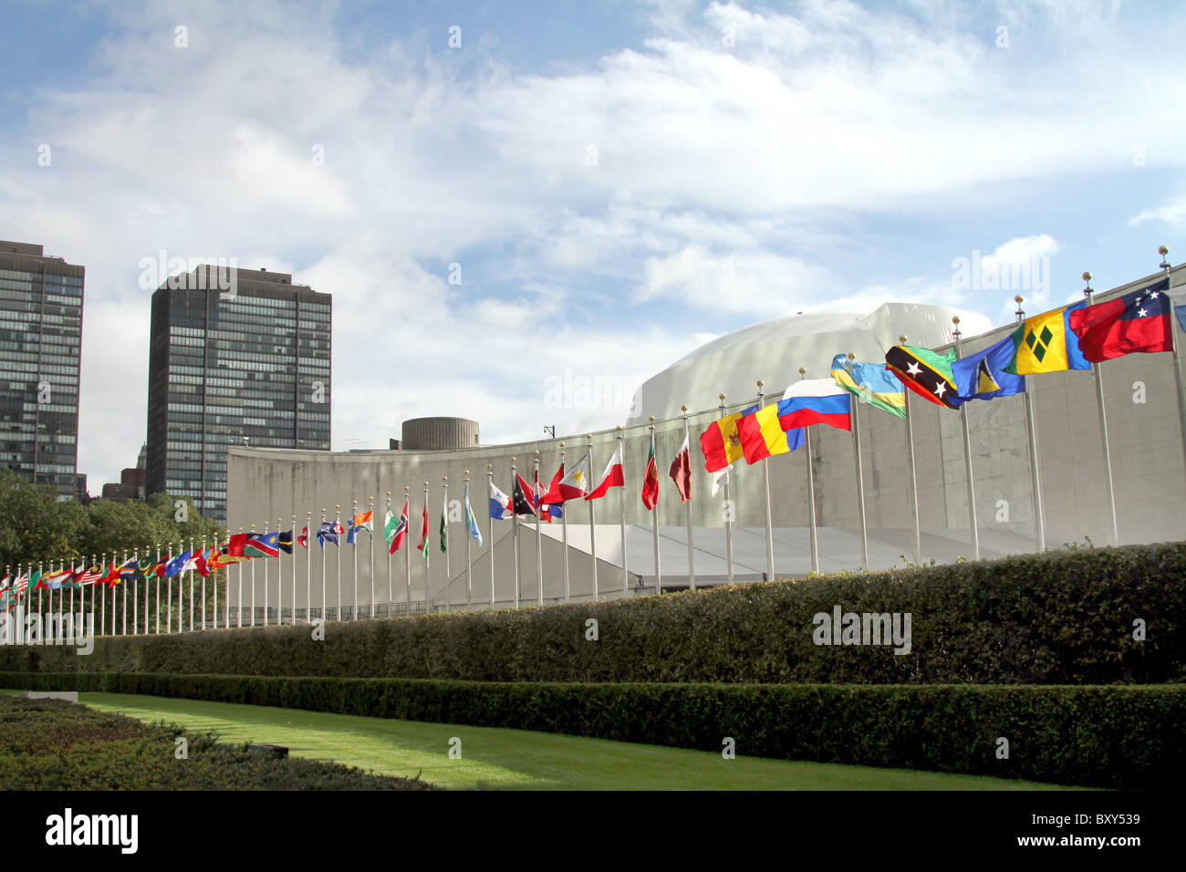 Flags of the United Nations Building in New York, America Stock Photo