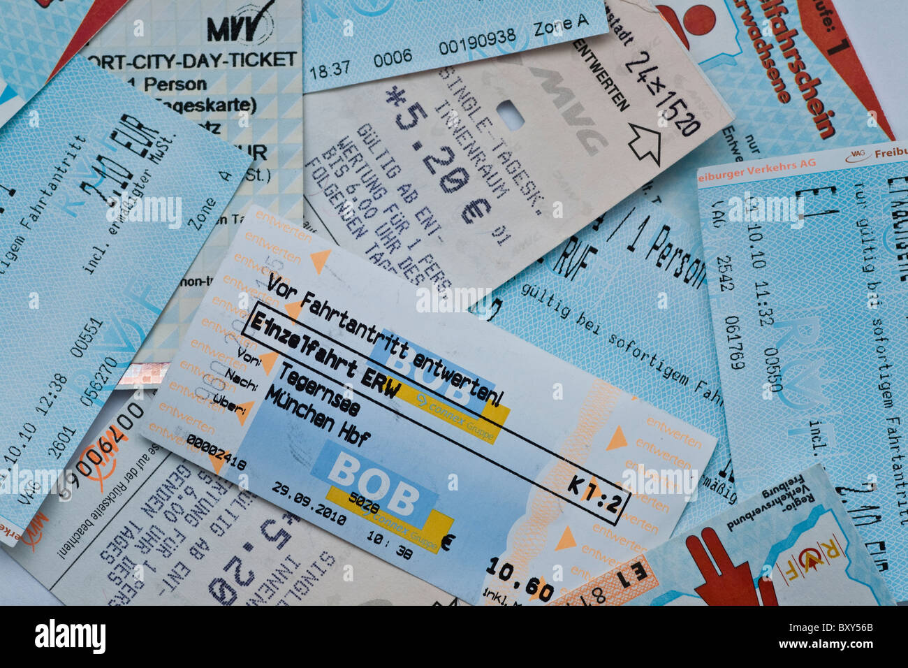 An abstract array of European transportation tickets Stock Photo