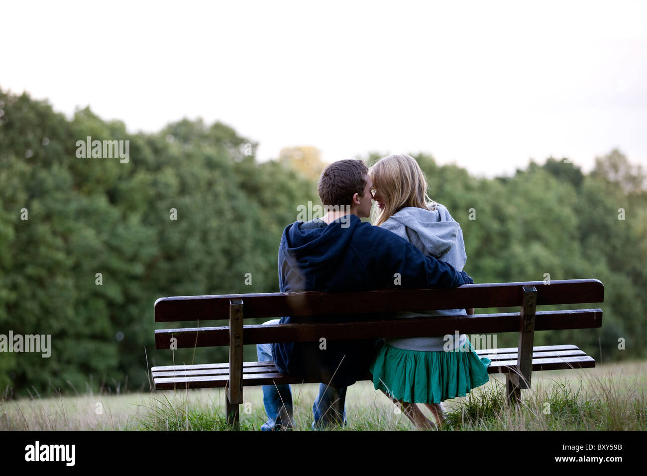 Rear view of a romantic young couple on a park bench Stock Photo - Alamy