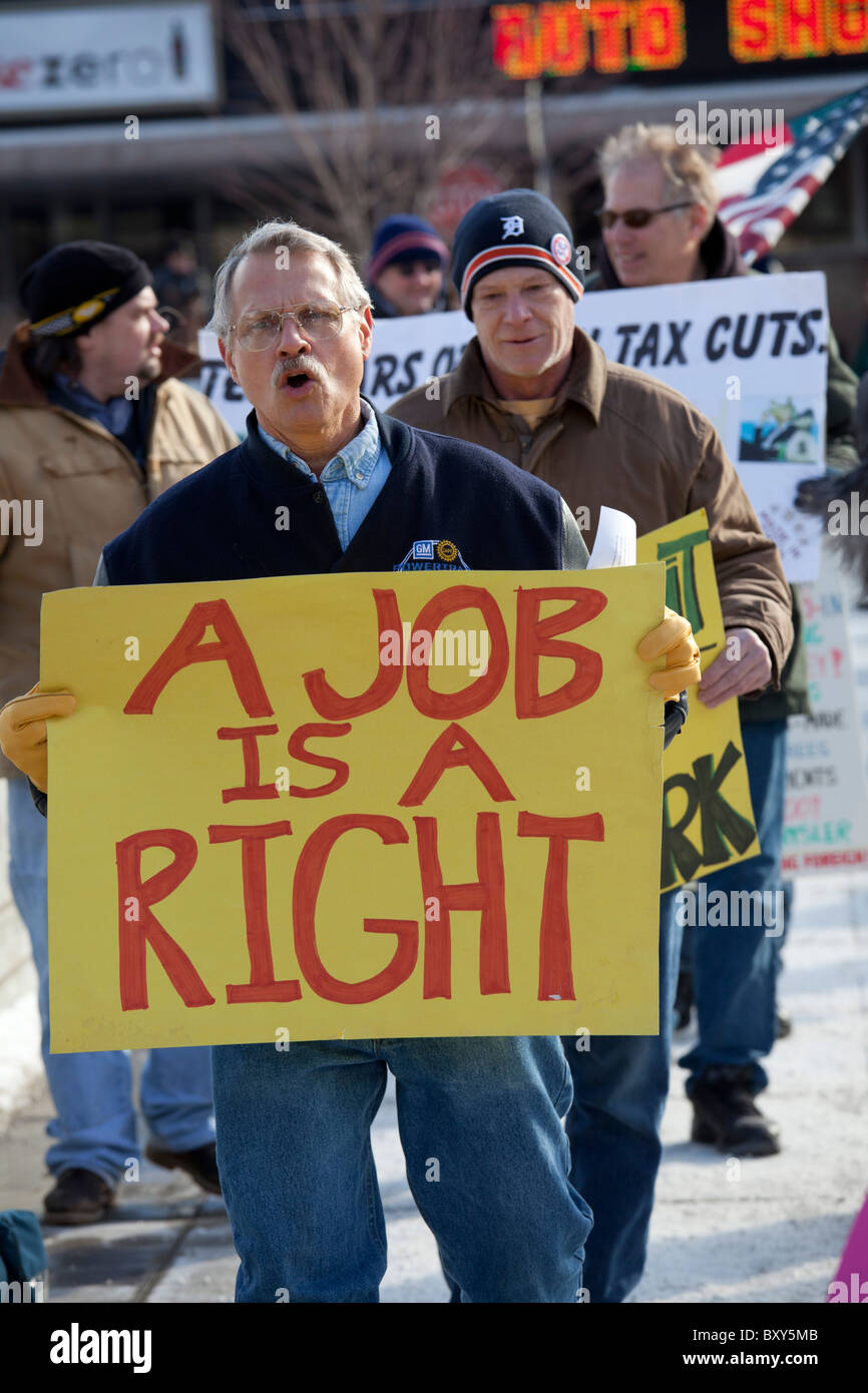 Auto Workers Rally Outside Detroit Auto Show to Protest Job Losses and Wage Cuts Stock Photo