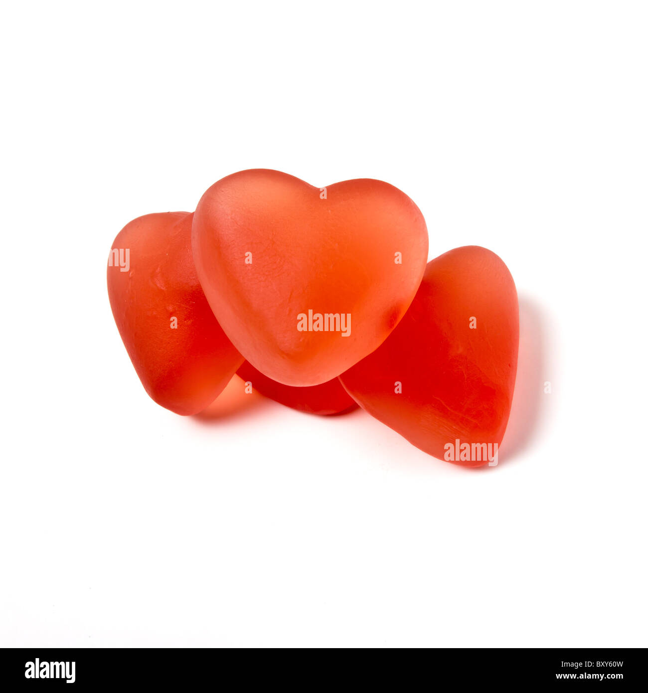 heart shape Valentine jelly Sweets from low perspective isolated on white. Stock Photo