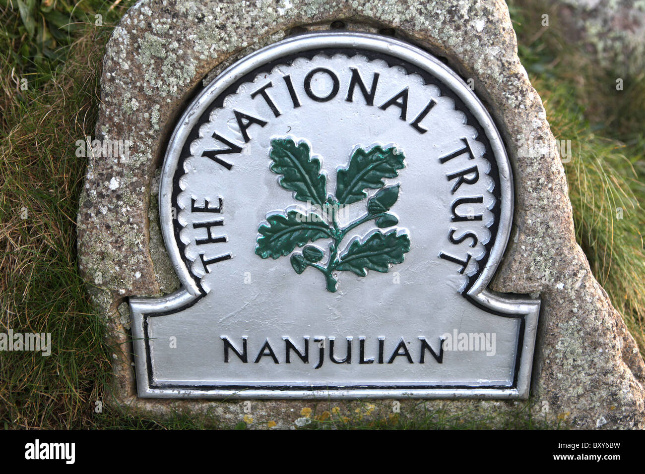 A National Trust sign for the area around Nanjulian in Penwith, Cornwall, England. Stock Photo