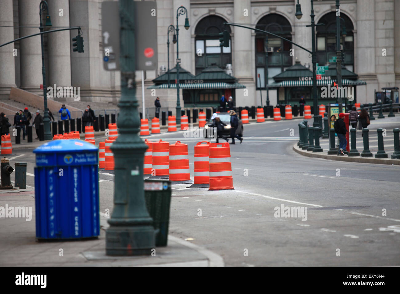 Routing traffic with pylons on Centre St in front of New York city Courthouse, 2010 Stock Photo