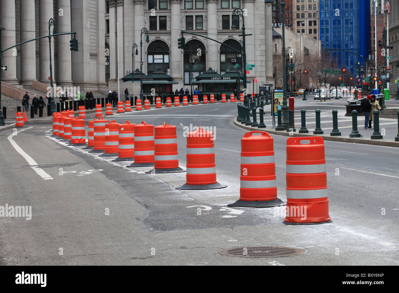 Routing traffic with pylons on Centre St in front of New York city Courthouse, 2010 Stock Photo