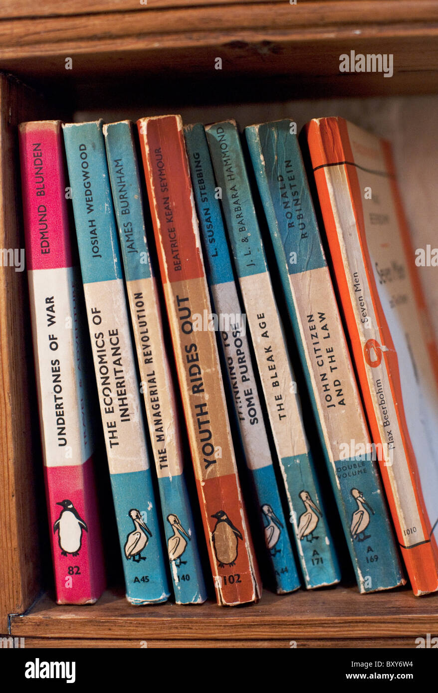 A collection of vintage penguin and pelican books on a wooden shelf. Stock Photo