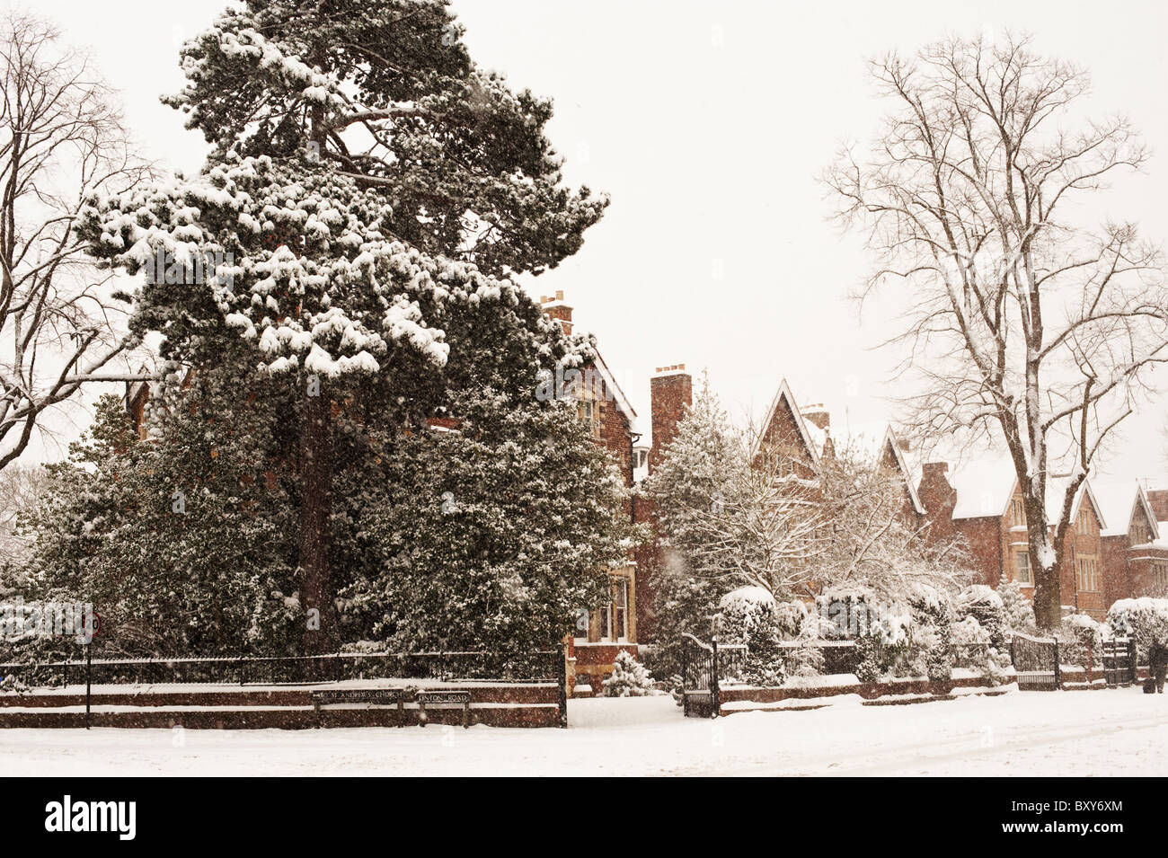 Houses along Banbury Road, Oxford, during a heavy winter snowstorm. Stock Photo