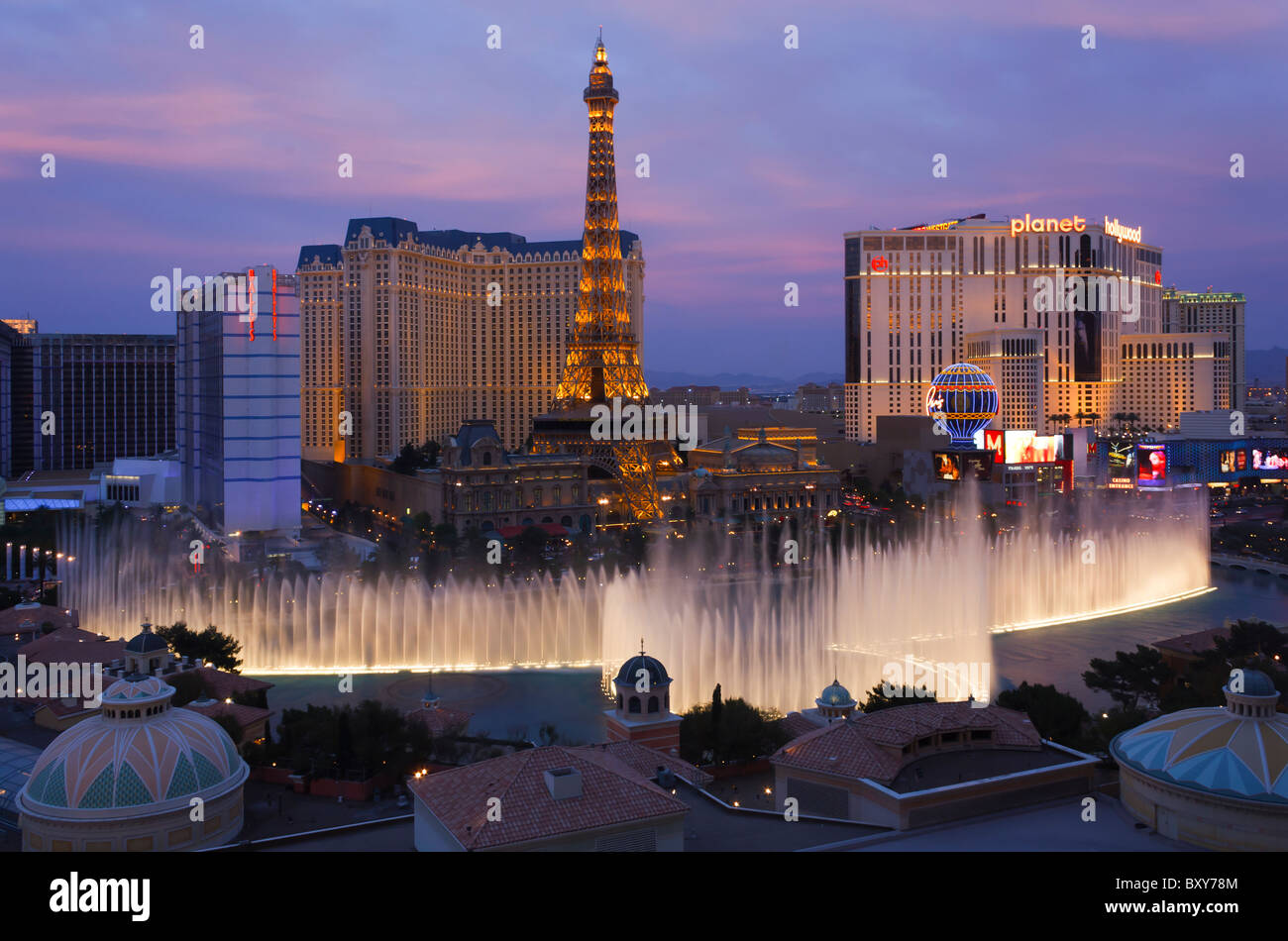 Sunset view from the Bellagio Hotel of the famous Fountains and The Strip in Las Vegas, Nevada