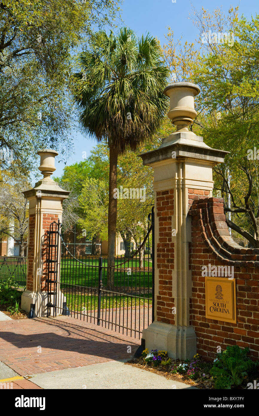 University of South Carolina historical Horseshoe iron gate entrance along Sumter Street in Columbia, SC, USA. (See Description) Stock Photo