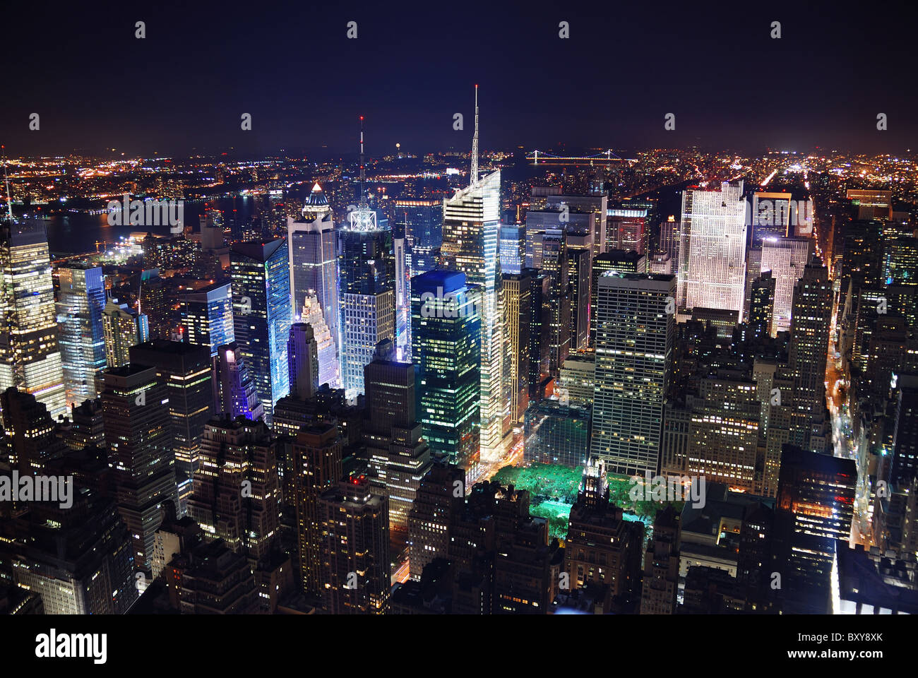 New York City Manhattan Times Square Panorama View At Night With Office Building Skyscrapers Skyline Illuminated Stock Photo Alamy