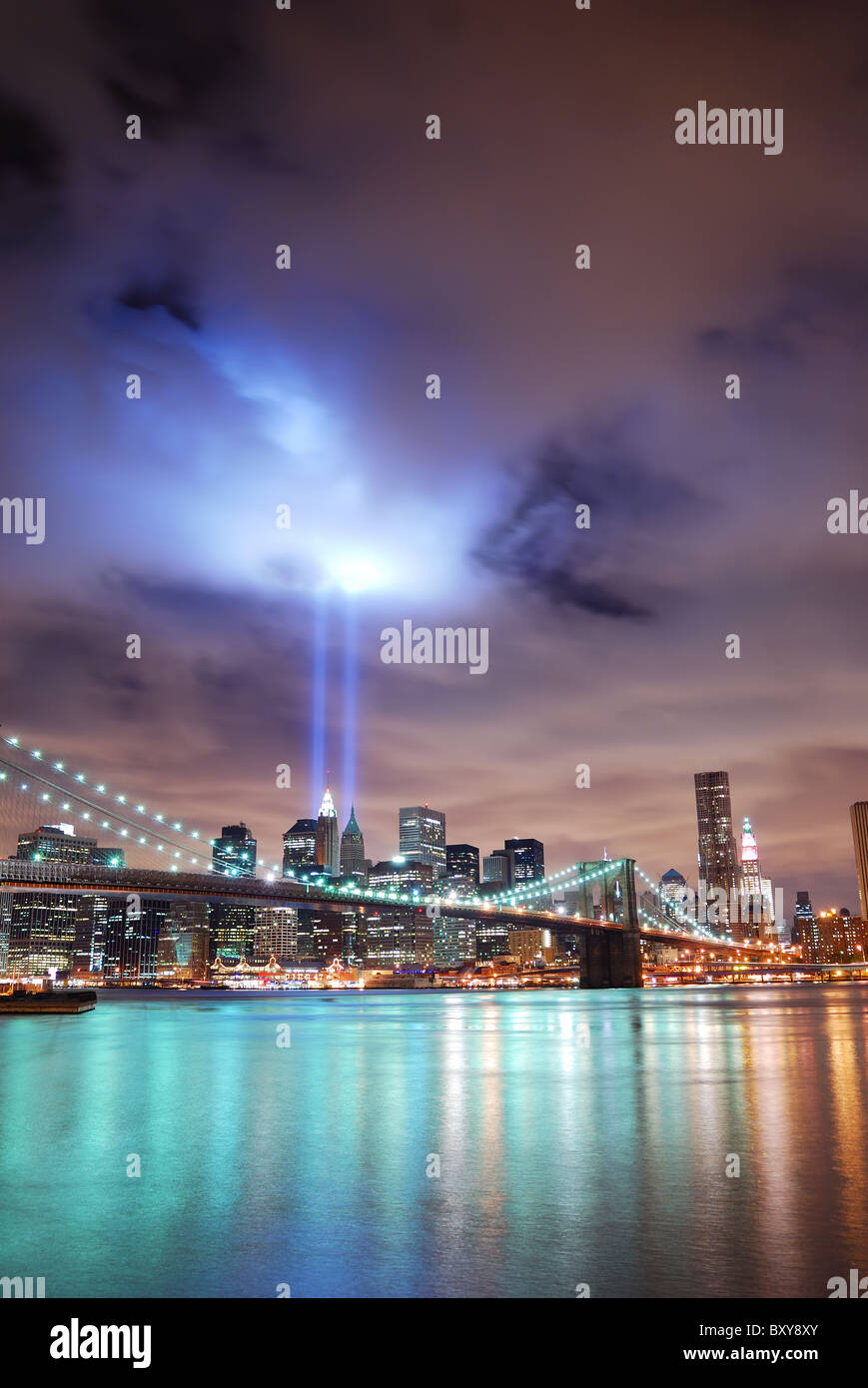New York City Manhattan panorama view at night with office building ...