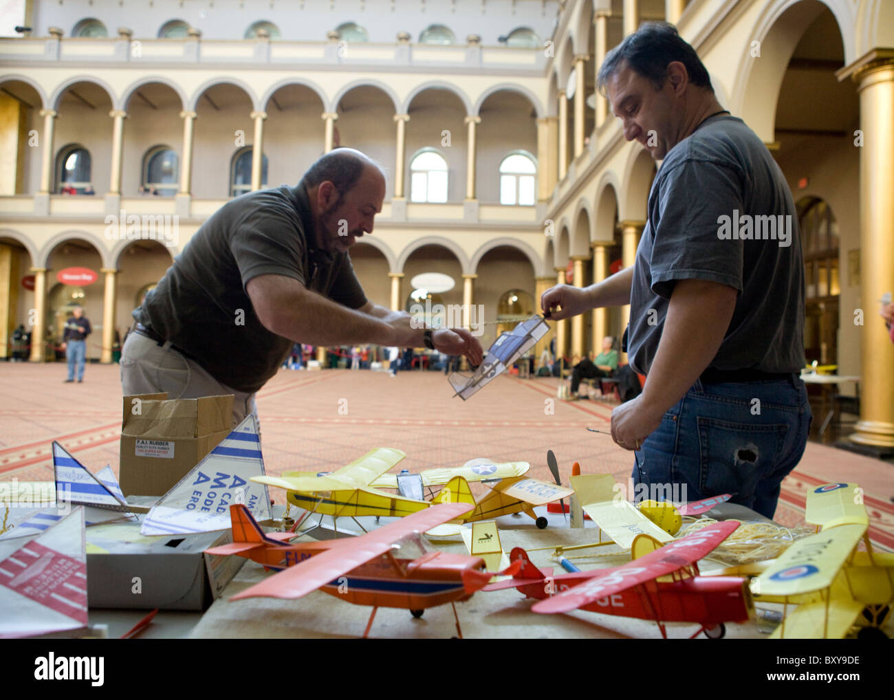 Wood model airplane enthusiasts prepare their collection for competition Stock Photo