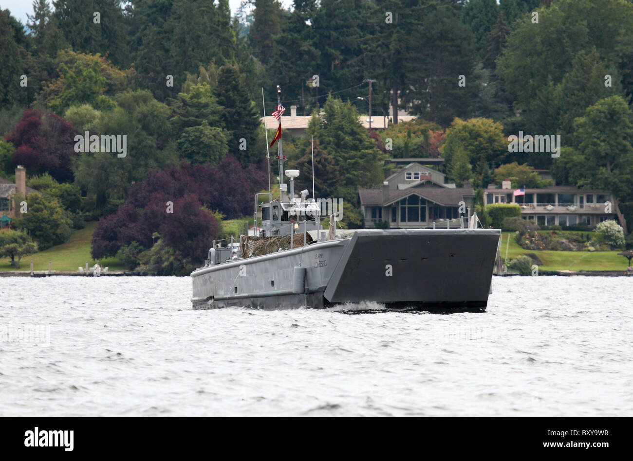 US Army Landing Craft patrolling Lake Washington during Seafair 2010 to help spectators stay away from  Blue Angels performance Stock Photo