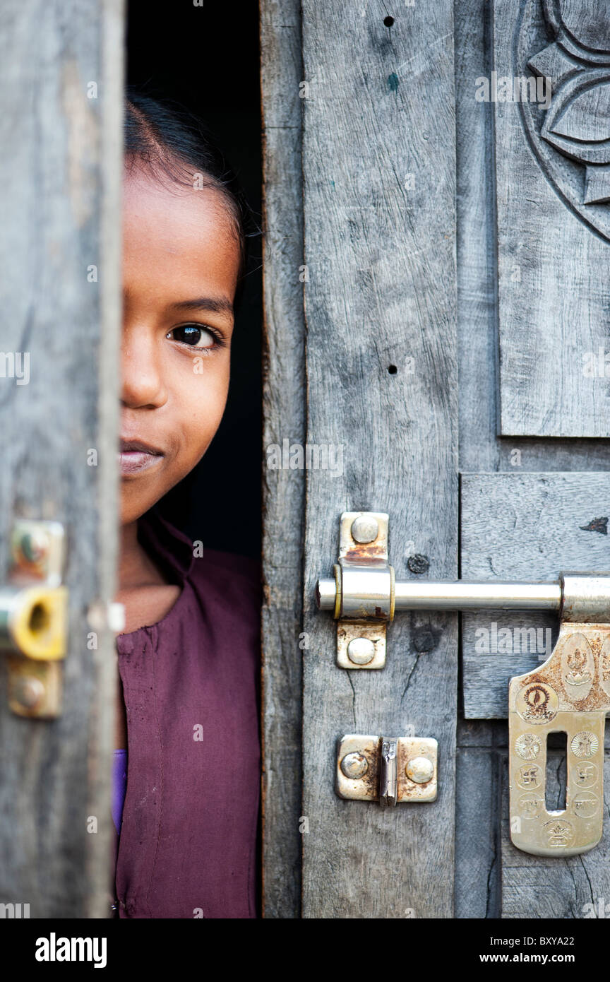 Smiling Happy Indian Village Girl Looking Through A Door Andhra