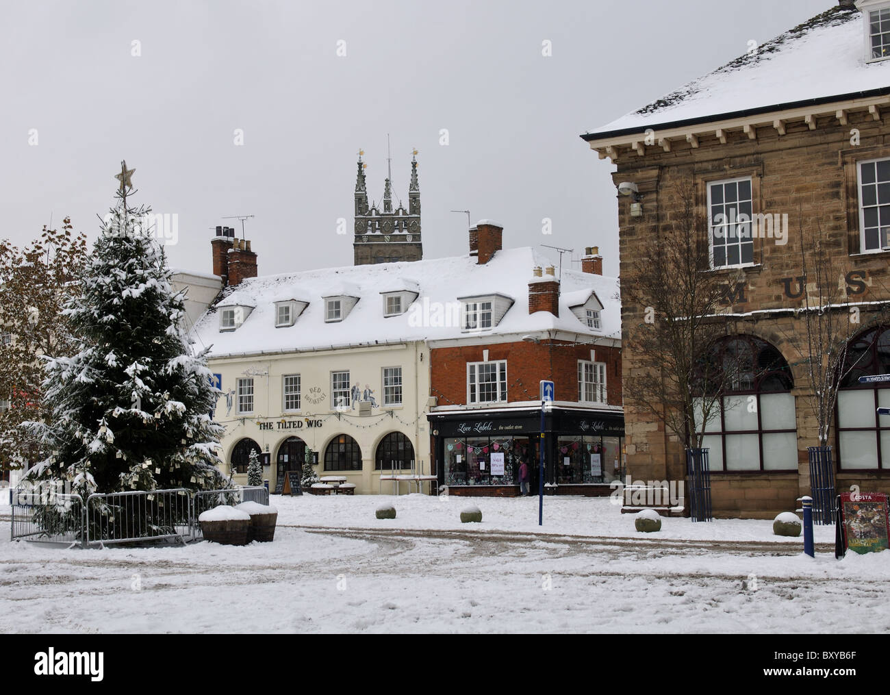 Market Place, Warwick, UK, in winter with snow Stock Photo Alamy