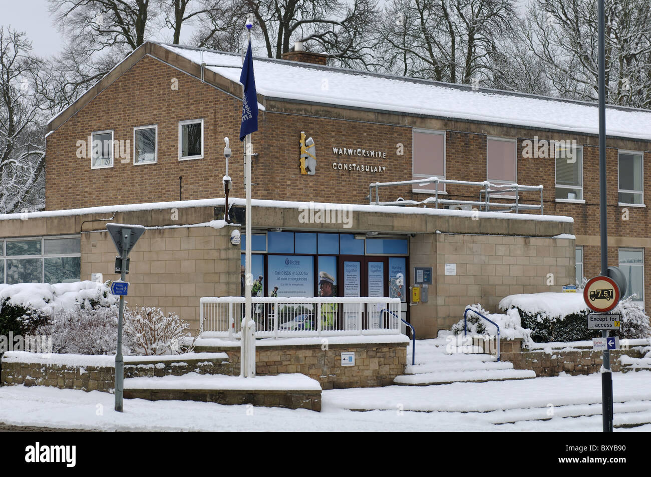 Warwick Police Station in winter with snow, Warwickshire, UK Stock Photo