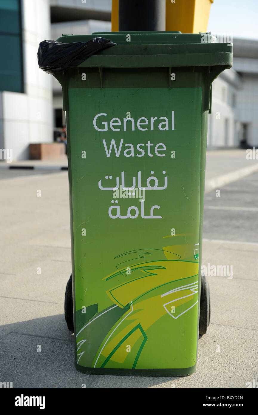 Arabic and English sign on a wheelie bin for General Waste Stock Photo