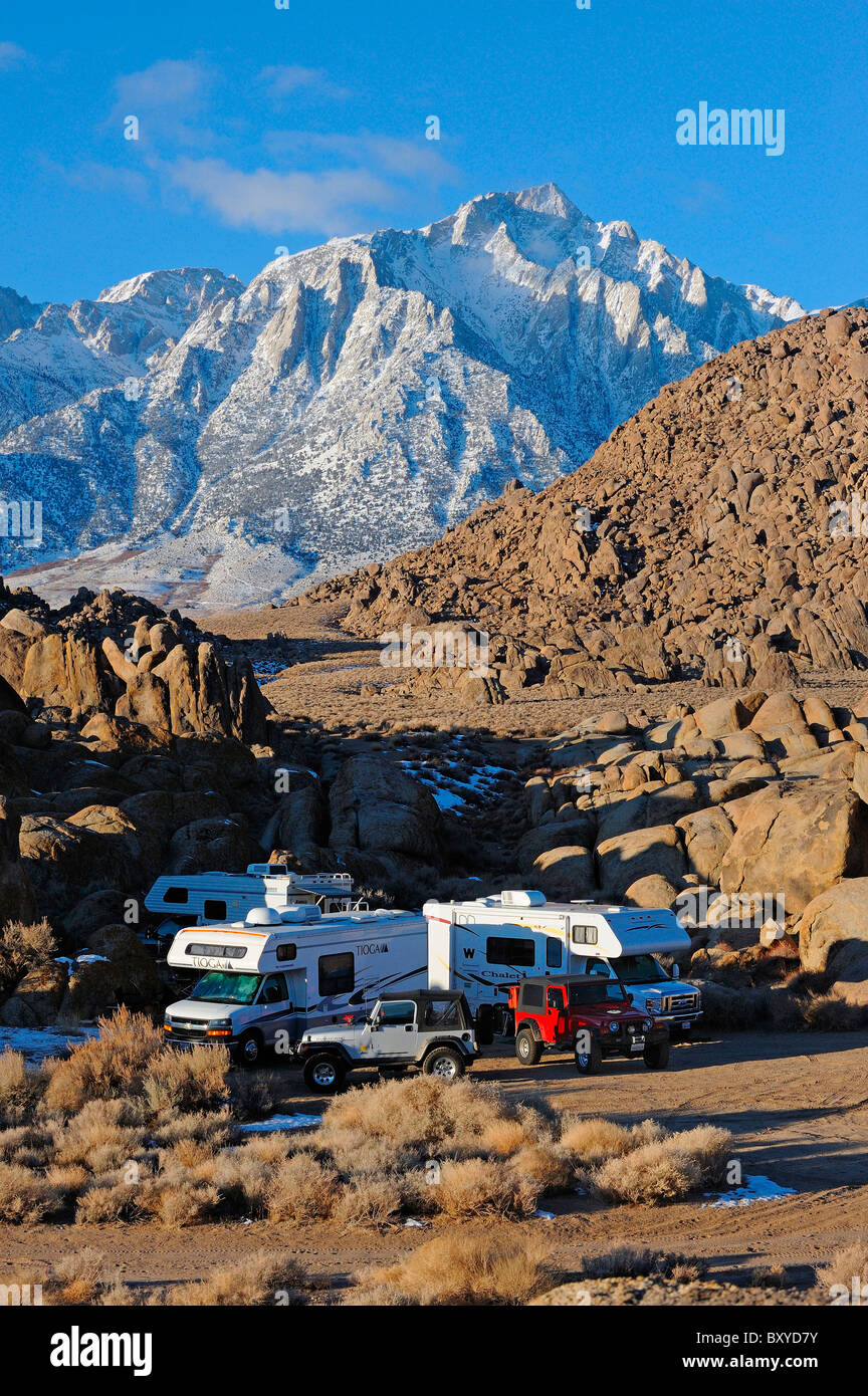 Camper Aerea at Movie Road with Mount Whitney in Background, Alabama Hills, Sierra Nevada, California, USA Stock Photo