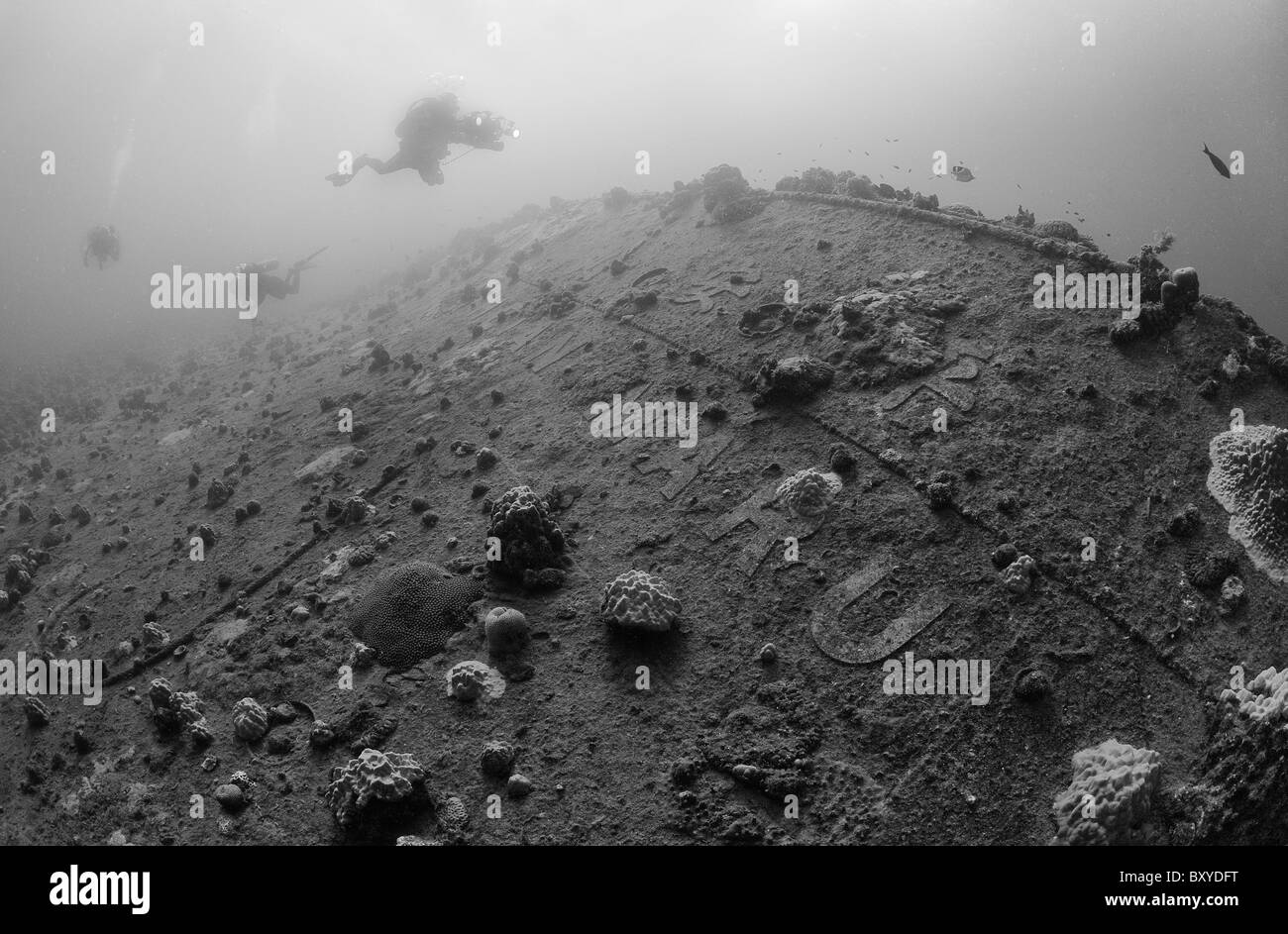 Scuba Diver at Japanese Shipwreck Heian Maru, Truk Lagoon, Micronesia, Pacific Ocean, Chuuk Stock Photo