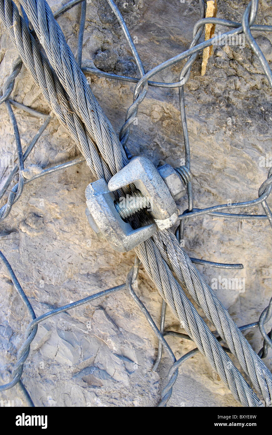 wire mesh to contain rocks and stones fall Stock Photo