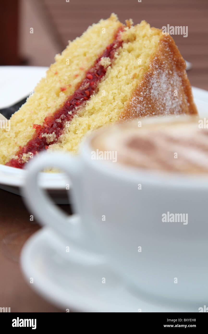Abbeywood Garden, Cheshire. Close up view of coffee and cake being served at Abbeywood Garden cafe. Stock Photo