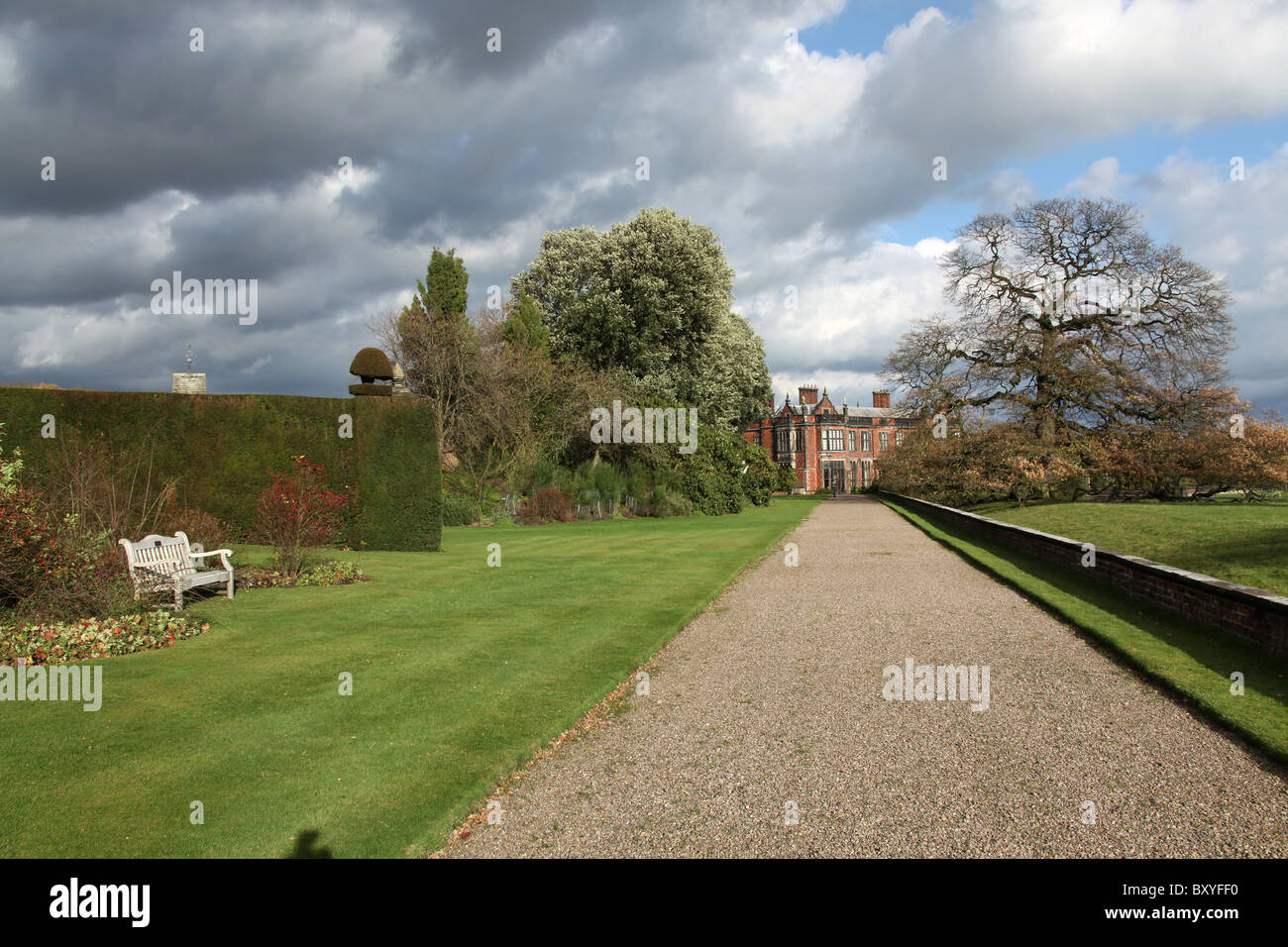 Arley Hall & Gardens, England. Autumnal view of the Furlong Walk with Arley Hall in the background. Stock Photo