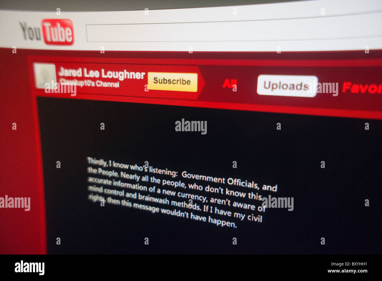 The YouTube channel of the alleged shooter of Rep. Gabrielle Giffords, Jared Lee Loughner Stock Photo