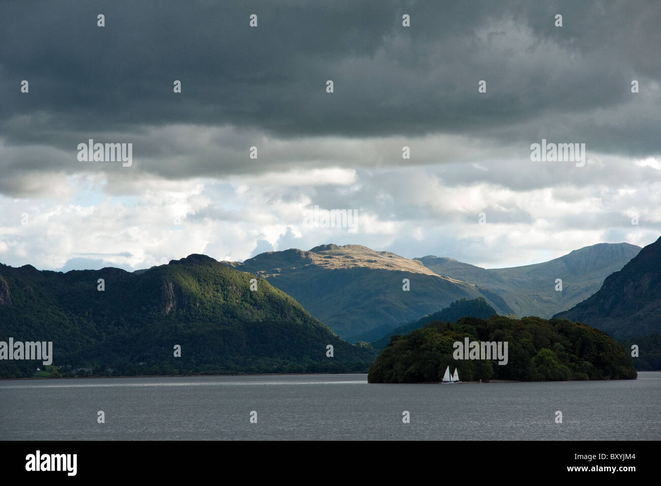 St Herbert’s Island and the peaks of Borrowdale seen from Derwent