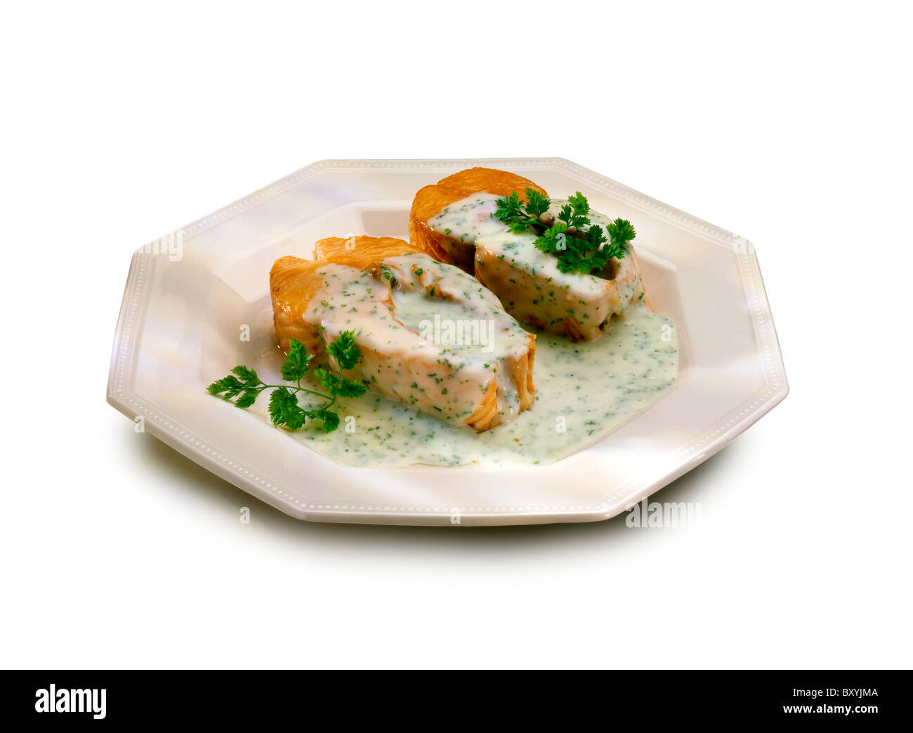 Salmon steaks in a parsley sauce Stock Photo Alamy
