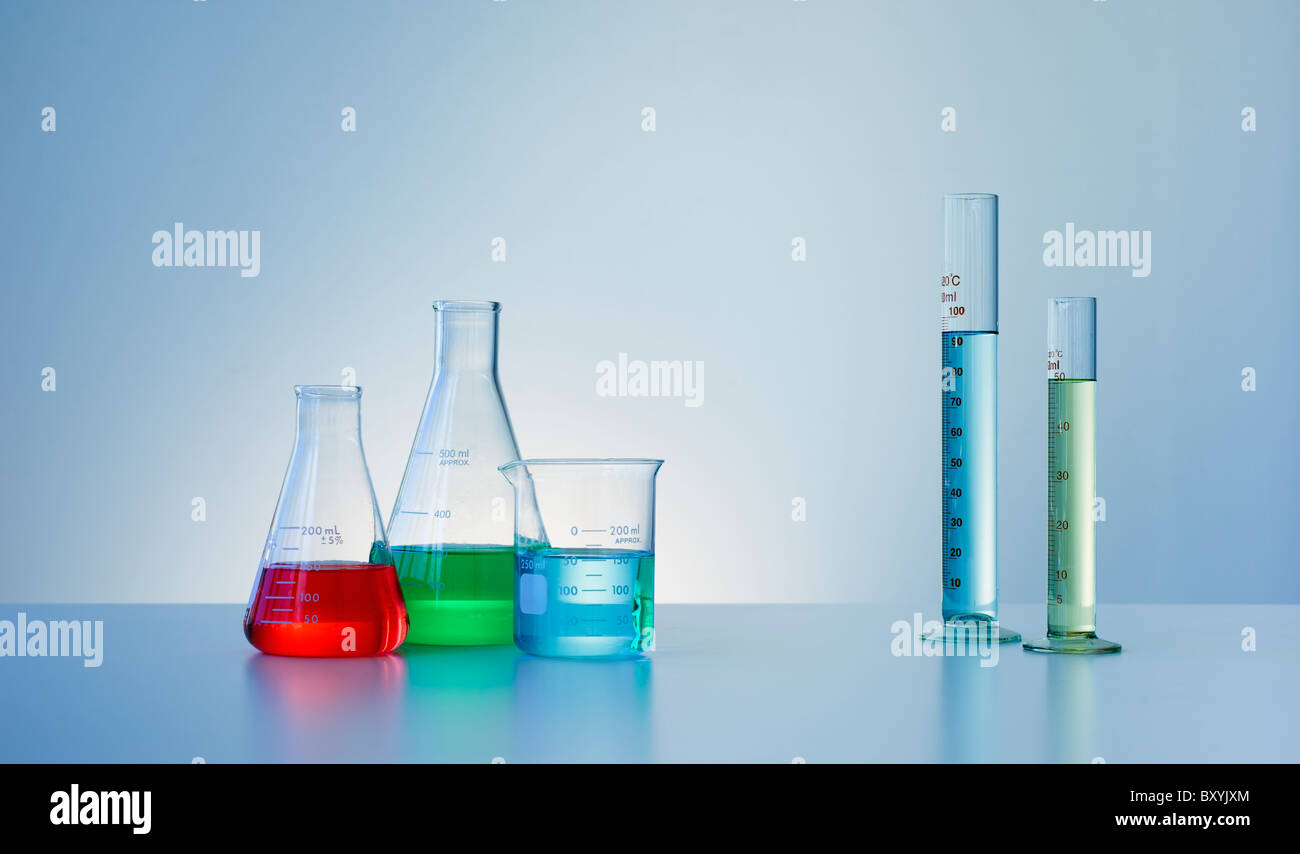 Beakers and flasks with colorful liquids Stock Photo Alamy
